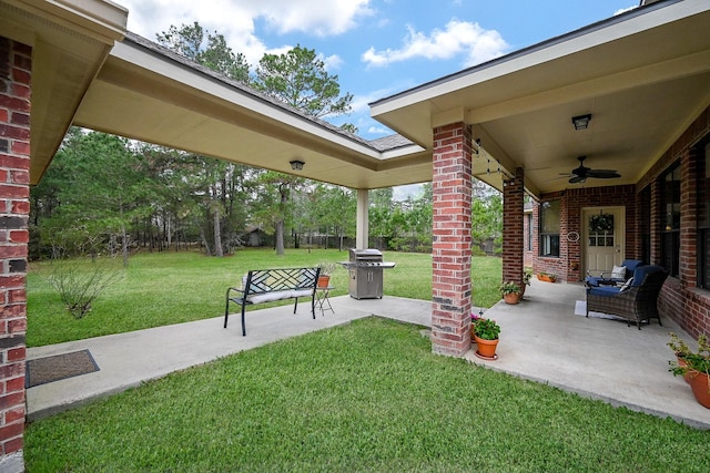 view of patio / terrace with grilling area, outdoor lounge area, and ceiling fan