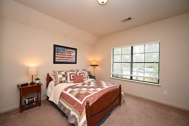 bedroom with lofted ceiling and carpet floors