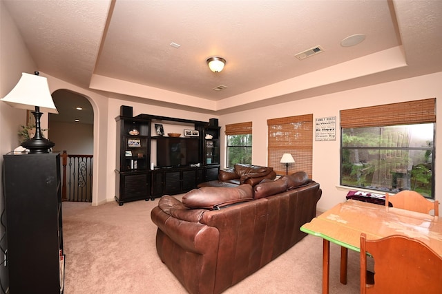 carpeted living room featuring a tray ceiling and a textured ceiling