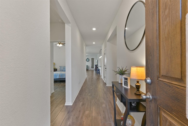 hallway with dark wood-type flooring