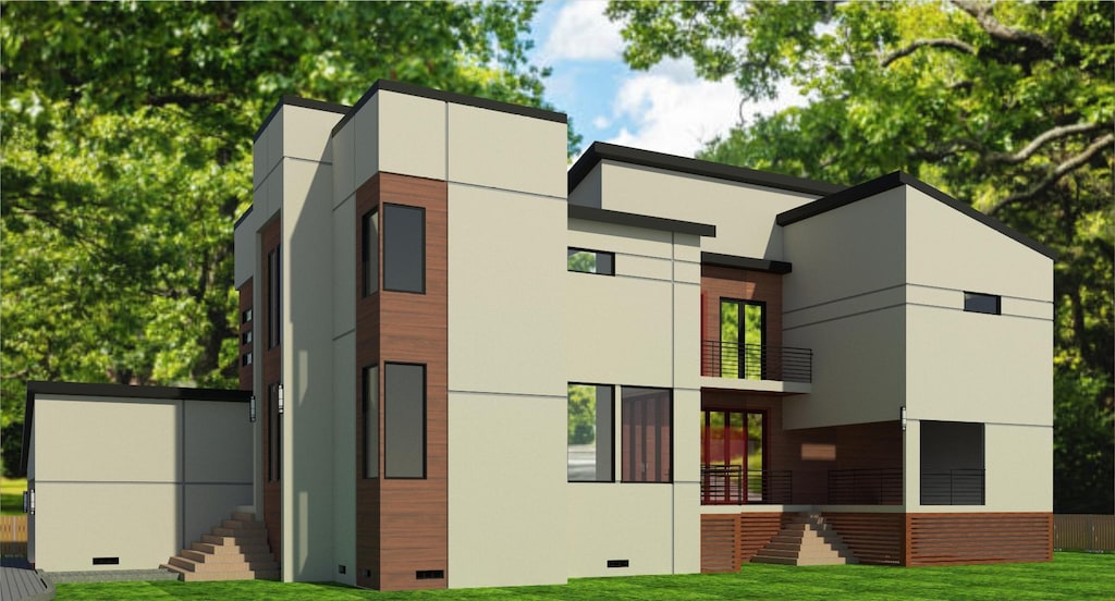 back of house featuring stairs, a lawn, a balcony, and crawl space