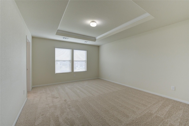 carpeted empty room with crown molding and a raised ceiling