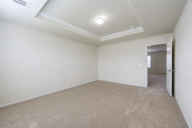 spare room featuring crown molding, light colored carpet, and a tray ceiling