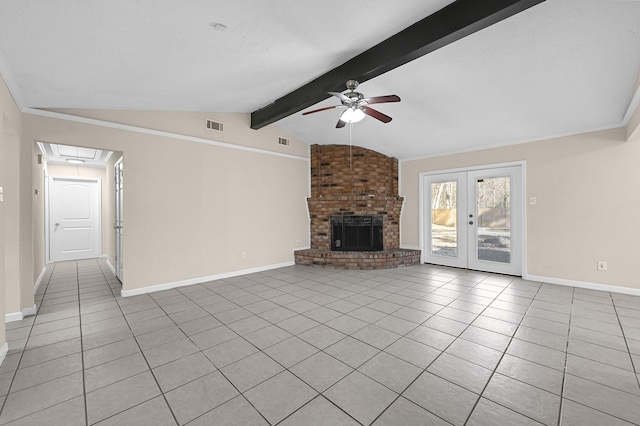 unfurnished living room featuring light tile patterned flooring, a fireplace, vaulted ceiling with beams, ceiling fan, and french doors