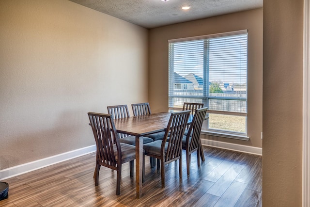 dining room with hardwood / wood-style flooring, plenty of natural light, and a textured ceiling