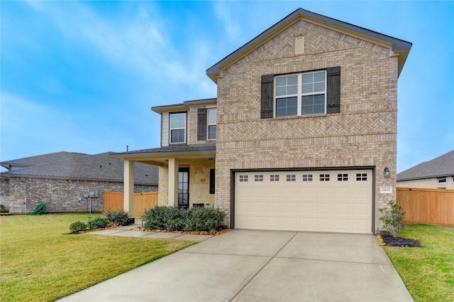 front facade with a garage and a front lawn