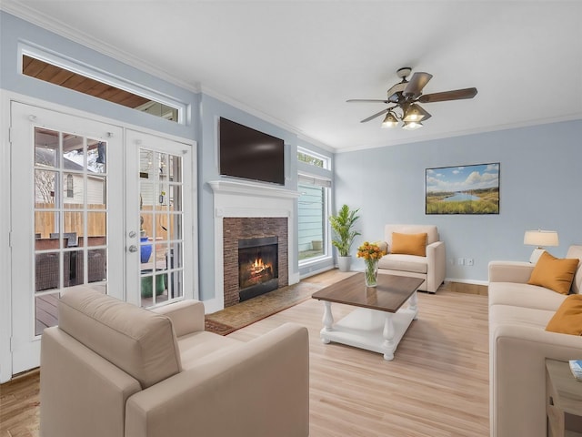 living room featuring ceiling fan, a lit fireplace, ornamental molding, and light wood-style floors