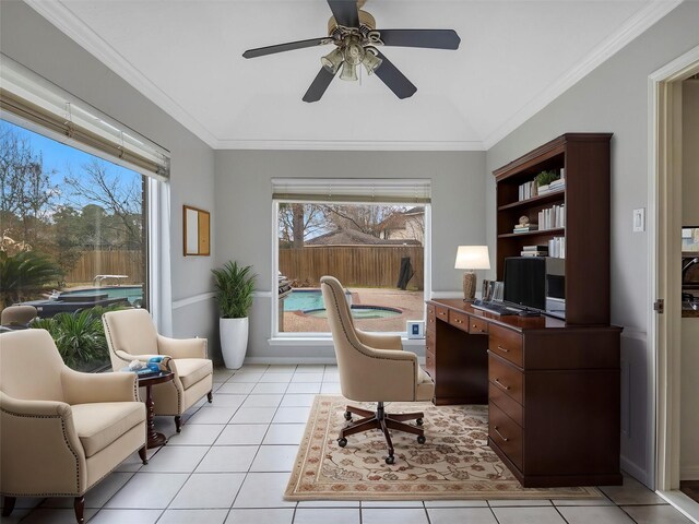 office area featuring crown molding, ceiling fan, a healthy amount of sunlight, and light tile patterned flooring