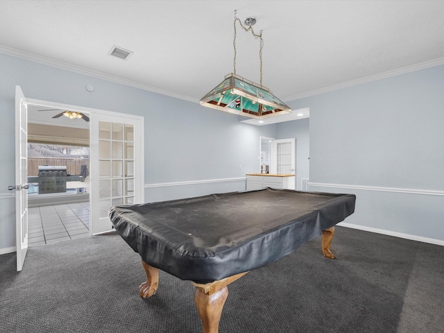 game room with billiards, ceiling fan, carpet, ornamental molding, and french doors