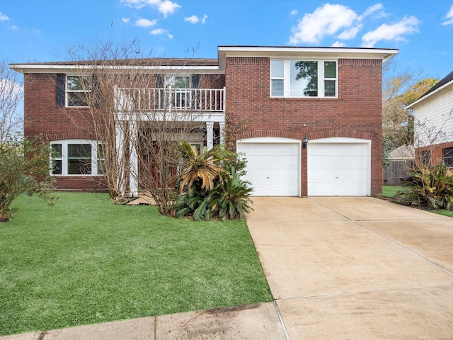 view of front of home featuring a garage, a balcony, and a front yard