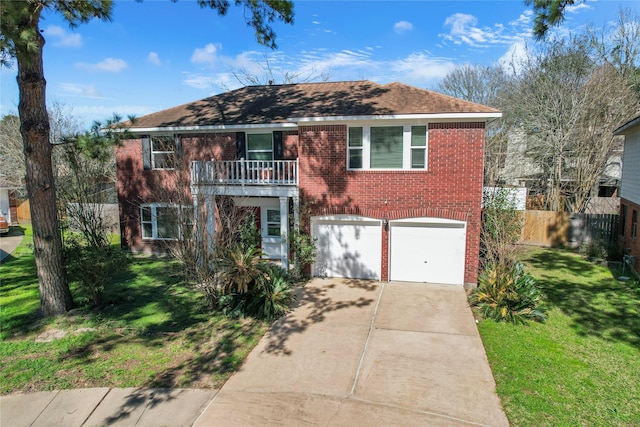 view of front of home with driveway, a garage, a balcony, a front lawn, and brick siding