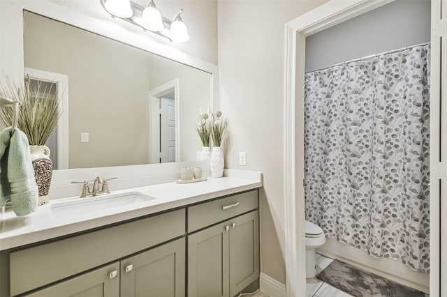 full bathroom with vanity, toilet, and shower / bath combo with shower curtain