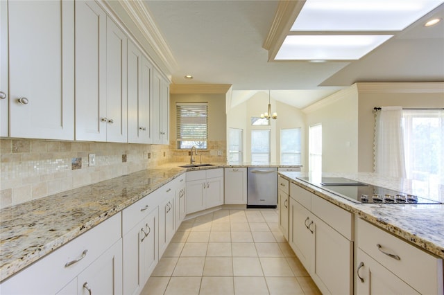 kitchen featuring sink, crown molding, dishwasher, white cabinets, and black electric cooktop