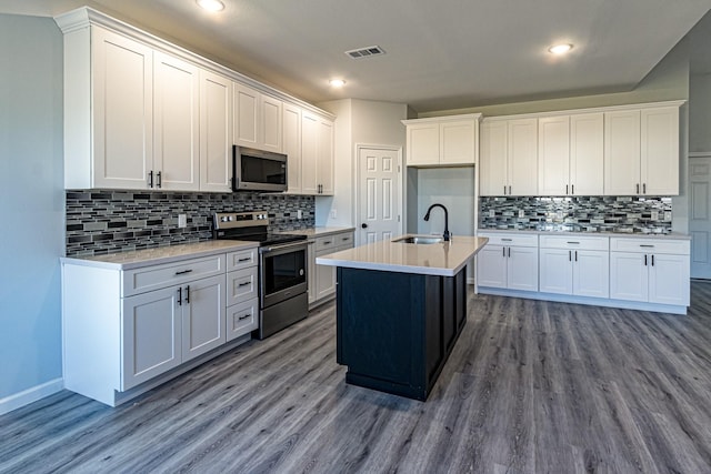 kitchen with appliances with stainless steel finishes, sink, an island with sink, and white cabinets