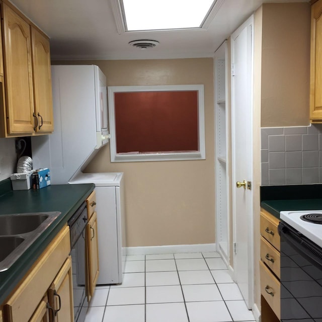 kitchen with white electric range, light brown cabinetry, tasteful backsplash, light tile patterned floors, and dishwasher