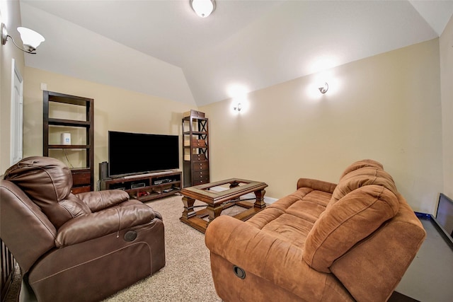 carpeted living room with vaulted ceiling and built in shelves