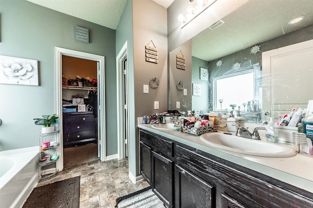 bathroom with vanity and a washtub