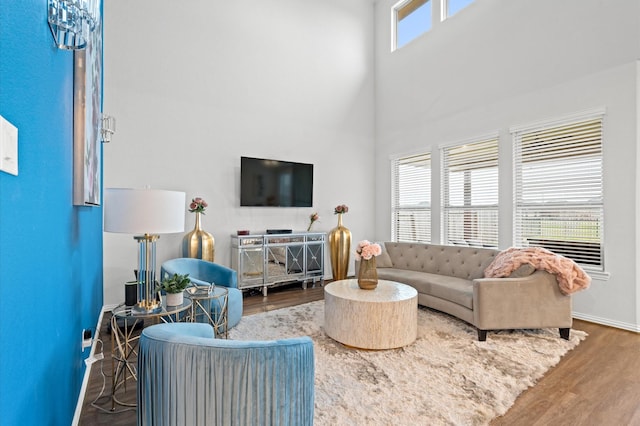 living room with a towering ceiling and hardwood / wood-style floors