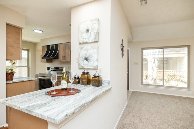 kitchen with light carpet, extractor fan, kitchen peninsula, and stainless steel electric range oven