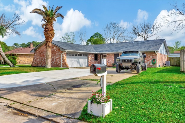 ranch-style home with central AC, a garage, and a front yard