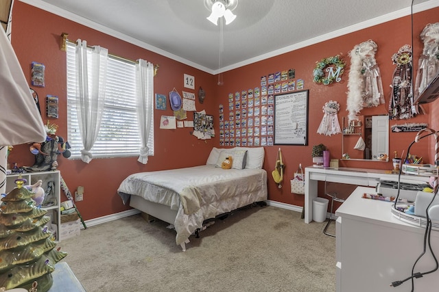 bedroom with crown molding, light colored carpet, a textured ceiling, and ceiling fan