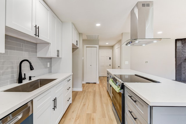 kitchen with white cabinets, island exhaust hood, sink, and electric range