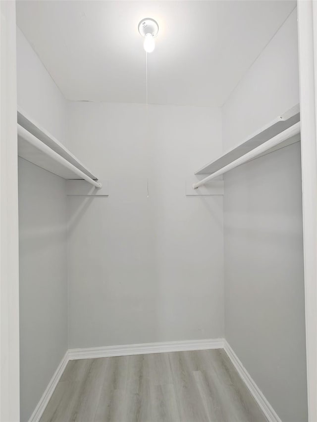 walk in closet with light hardwood / wood-style flooring