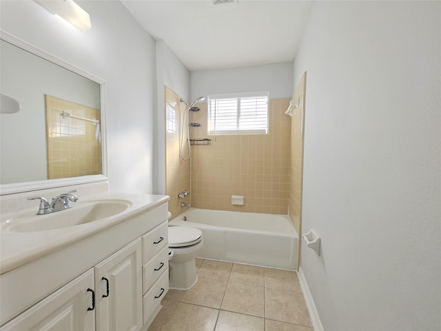 full bathroom featuring tile patterned flooring, vanity, tiled shower / bath combo, and toilet