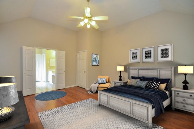 bedroom with high vaulted ceiling, wood finished floors, and a ceiling fan