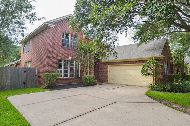 traditional-style home with concrete driveway, brick siding, an attached garage, and roof with shingles