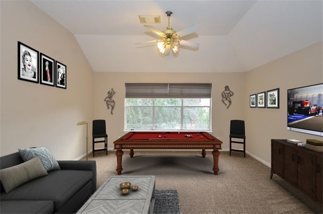 game room featuring light colored carpet, visible vents, and vaulted ceiling