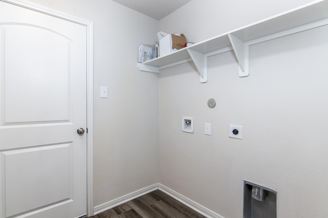 clothes washing area with hookup for a washing machine, laundry area, baseboards, dark wood finished floors, and electric dryer hookup