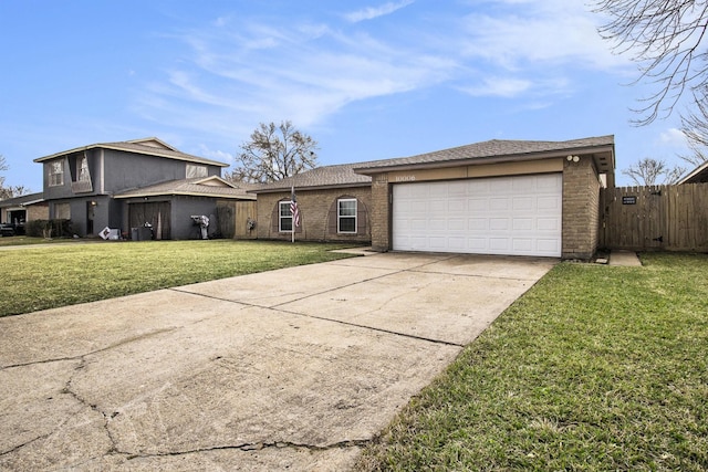 ranch-style house with cooling unit, a garage, and a front lawn