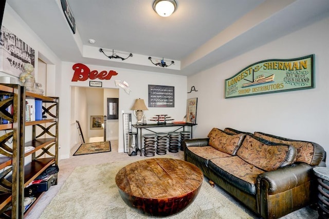 carpeted living room with a raised ceiling