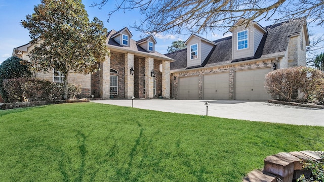 cape cod home with a garage, concrete driveway, brick siding, and a front yard