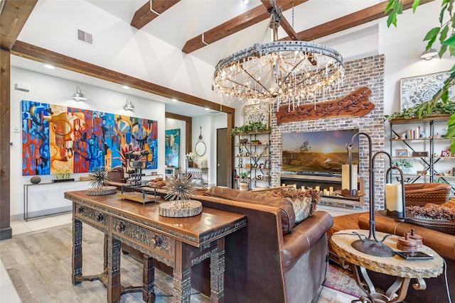 living room featuring beam ceiling