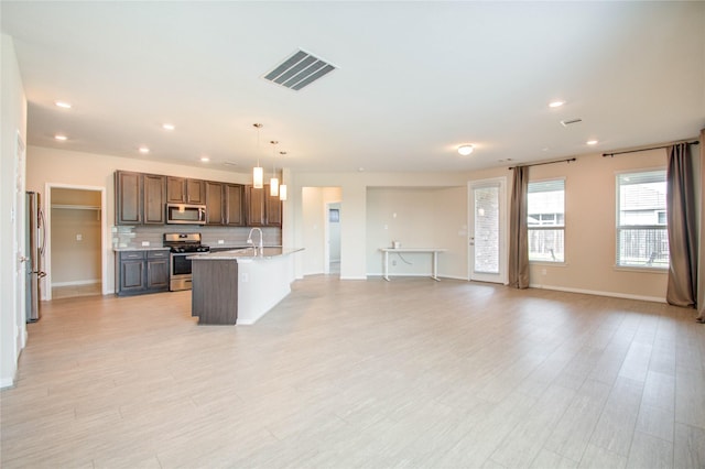 kitchen with sink, backsplash, stainless steel appliances, a center island with sink, and decorative light fixtures