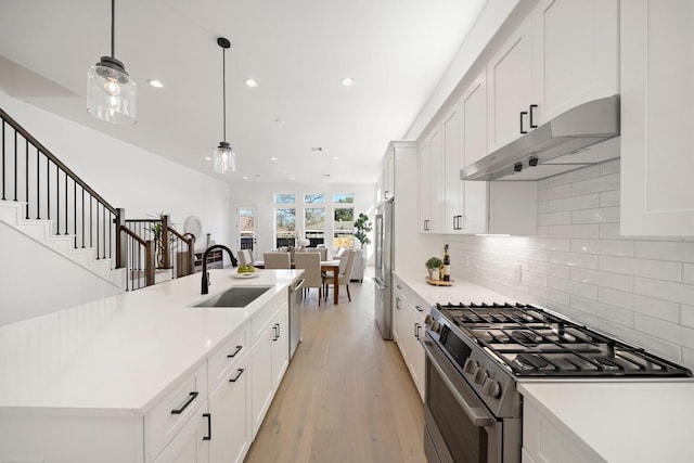 kitchen with stainless steel appliances, tasteful backsplash, light wood-style floors, a sink, and under cabinet range hood