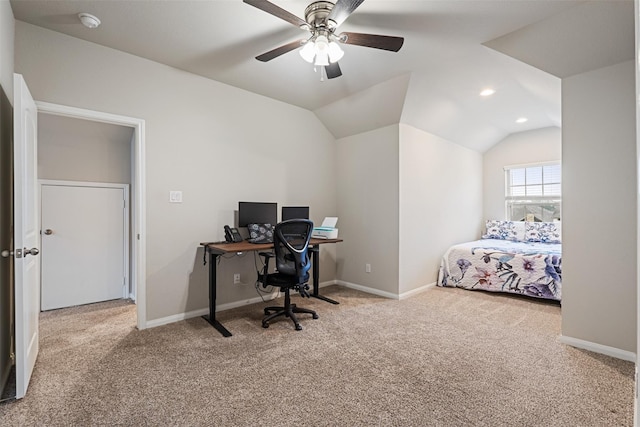 bedroom featuring baseboards, vaulted ceiling, a ceiling fan, and light colored carpet