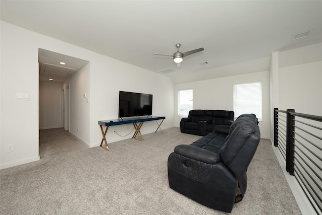 living room featuring light colored carpet and ceiling fan