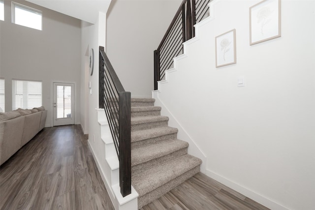 staircase featuring a towering ceiling and wood-type flooring