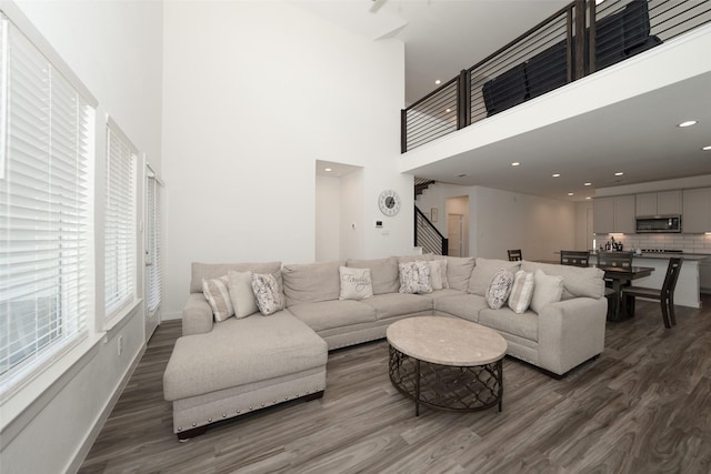 living room featuring a high ceiling and dark wood-type flooring