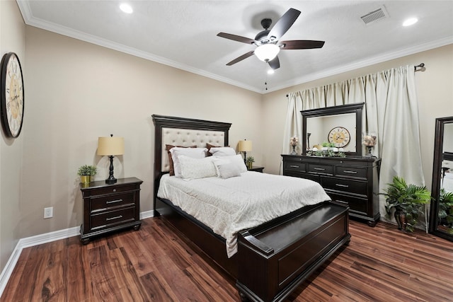 bedroom with crown molding, ceiling fan, and dark hardwood / wood-style flooring