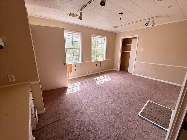 spare room featuring a wainscoted wall, carpet flooring, and rail lighting