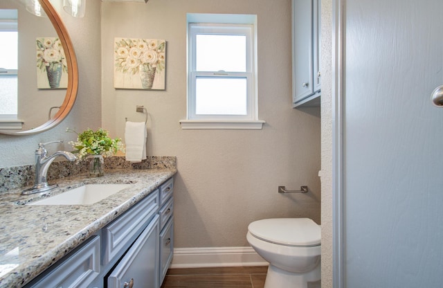 bathroom featuring vanity, hardwood / wood-style floors, and toilet