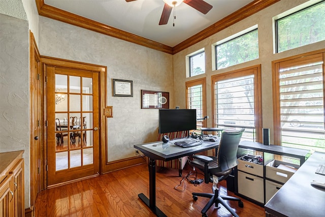 office featuring ornamental molding, wood-type flooring, and ceiling fan