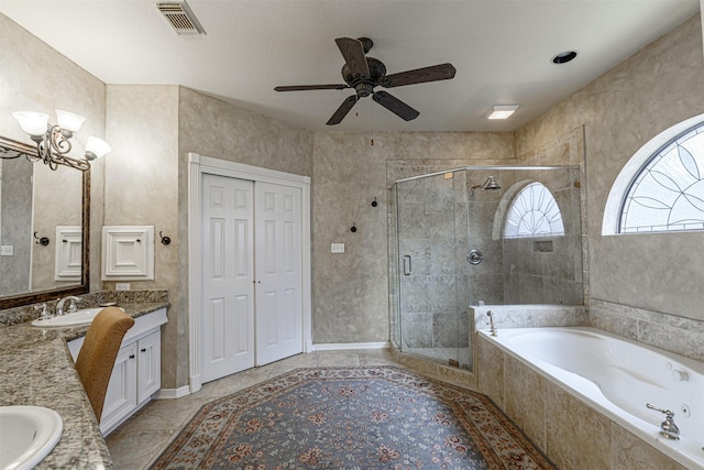 bathroom featuring ceiling fan, vanity, independent shower and bath, and tile patterned flooring