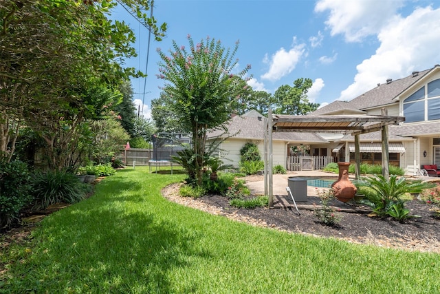 view of yard with a fenced in pool, a pergola, a patio area, and a trampoline