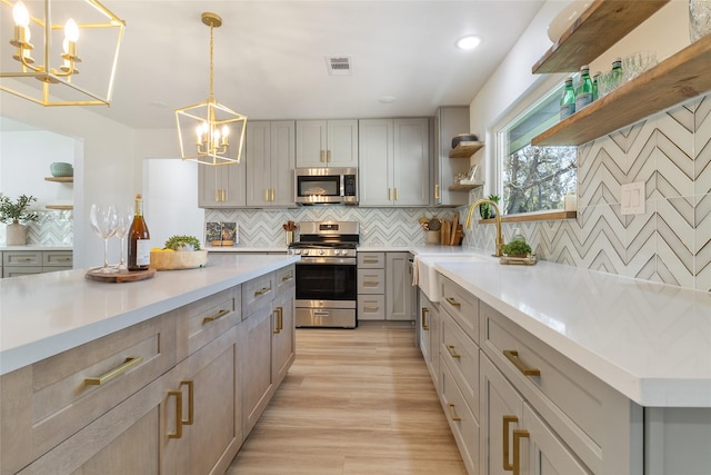 kitchen featuring appliances with stainless steel finishes, a chandelier, backsplash, pendant lighting, and gray cabinets