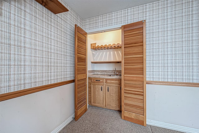 kitchen featuring sink, light carpet, and a textured ceiling